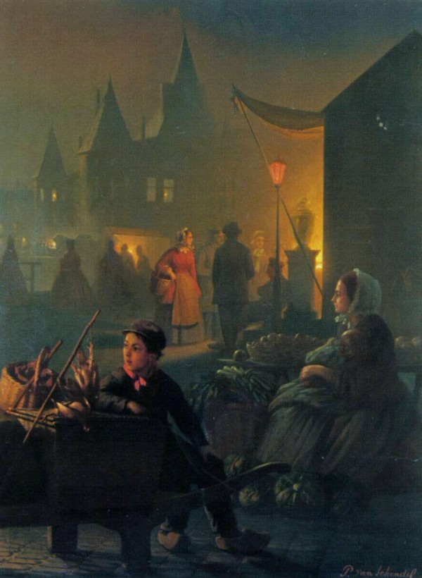An evening in the market by Petrus van Schendel